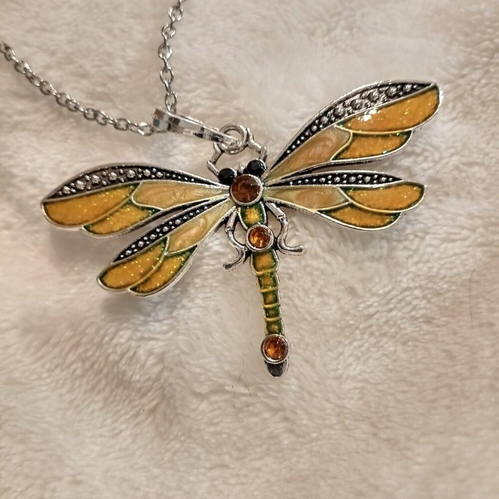Yellow Dragonfly Necklace With Silver Chain